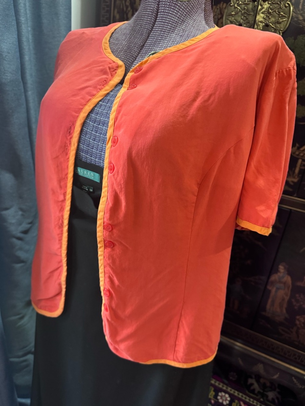 100% silk Seta European Coral Short-Sleeve Blouse with contrast trim. Unique